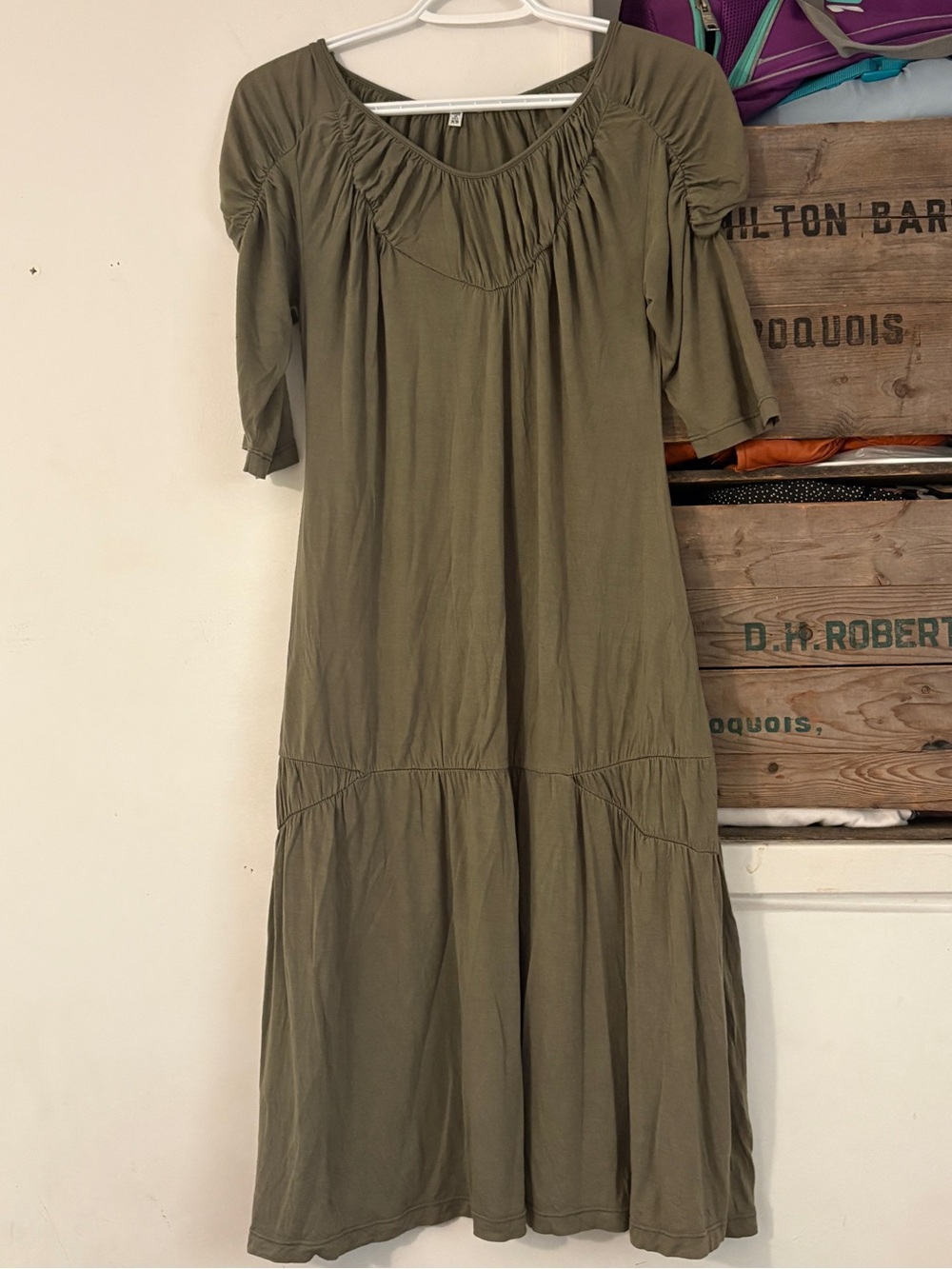 Clu USA Made Olive Green Boho Tiered Midi Dress Size Extra Small